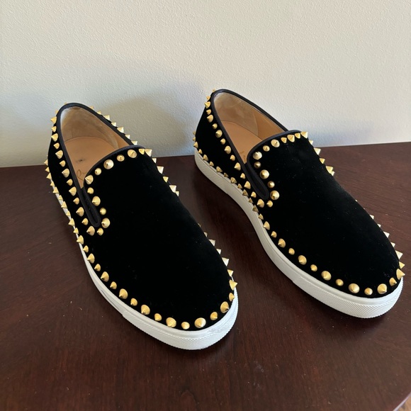 Christian Louboutin Pik Boat Sneakers in Black Velvet with Gold Spikes - Picture 5 of 12